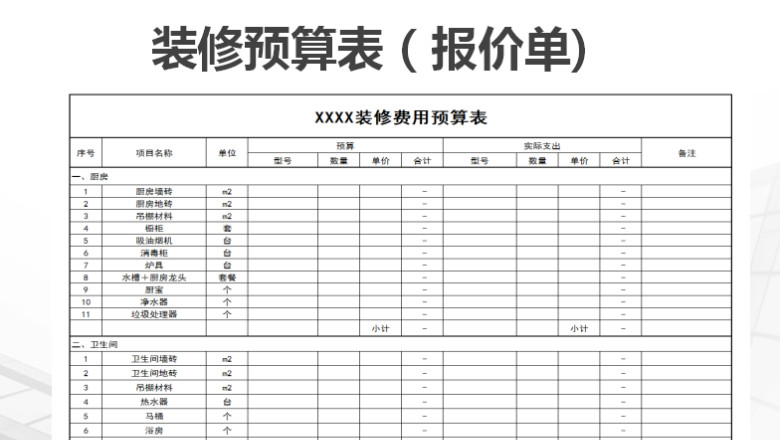 装修费用预算表（报价单)