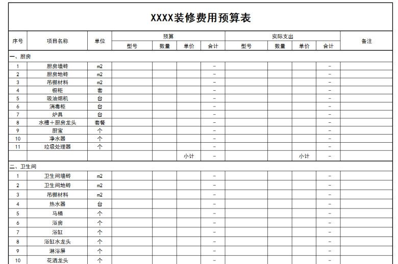 装修费用预算表（报价单)