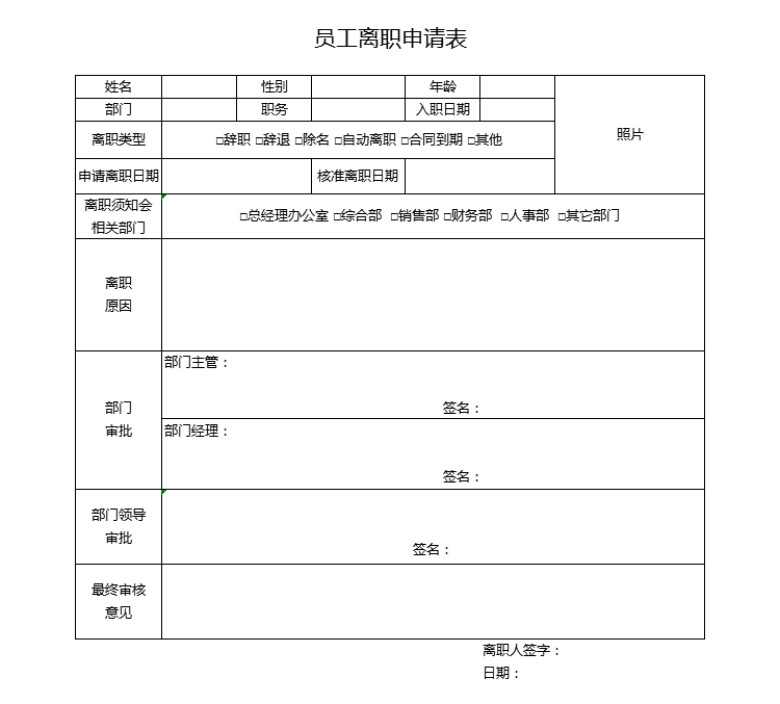 员工离职申请表