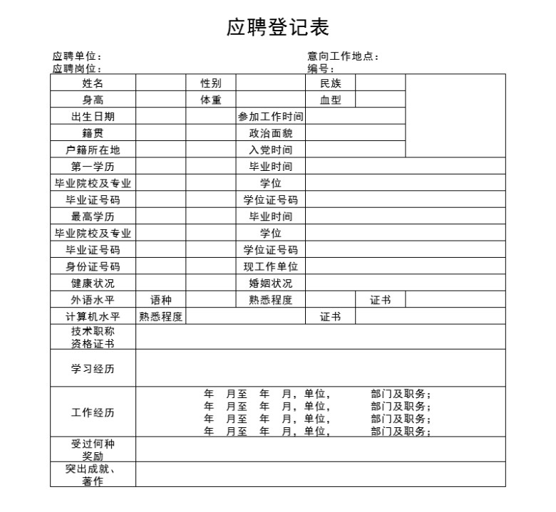 员工应聘登记表