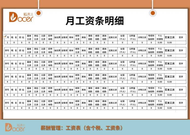 工资明细表(带工资条）