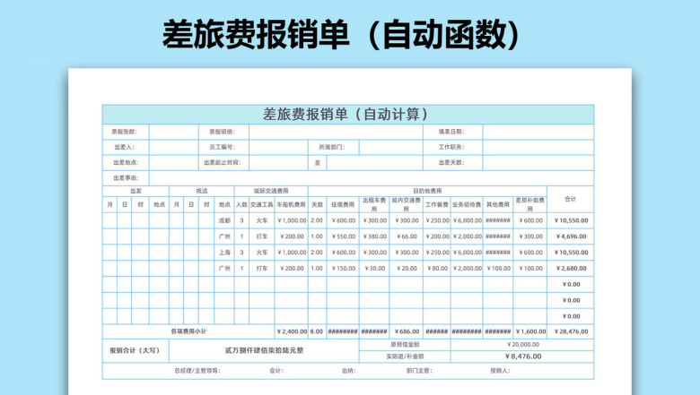 差旅费报销单（自动函数）