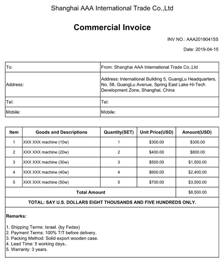 外贸PI形式发票+装箱单+商业发票套装