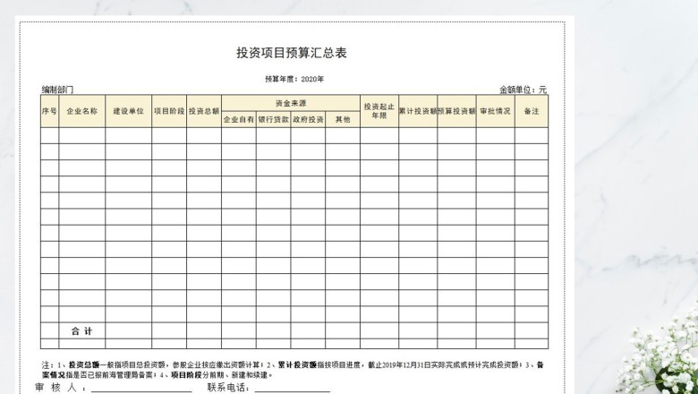 投资项目预算汇总表