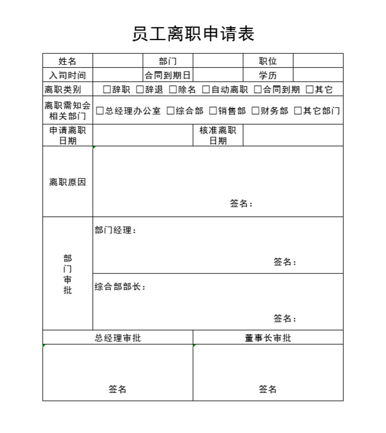 员工离职申请表