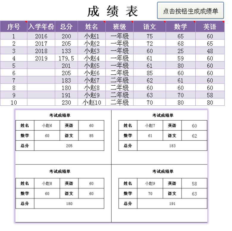 成绩表（自动生成成绩单）