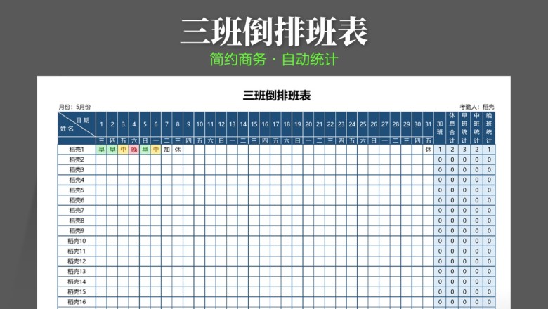 三班倒排班表（自动统计）