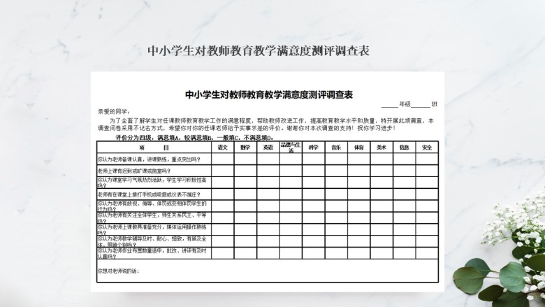 中小学生对教师教育教学满意度测评调查表
