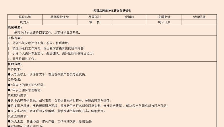 天猫品牌维护主管岗位说明书