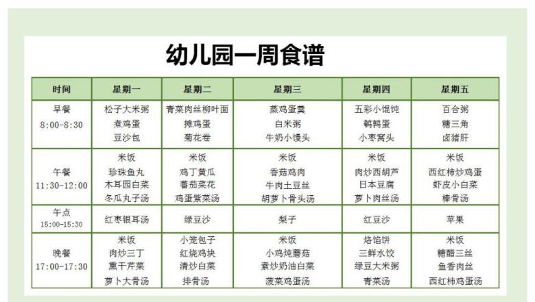 幼儿园一周食谱标准通用模版打印