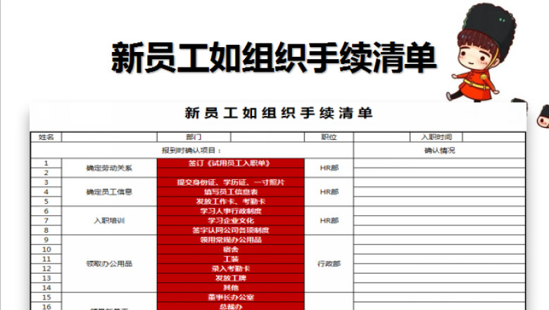 新员工如组织手续清单