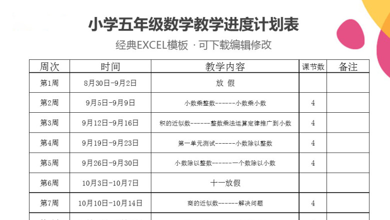 小学五年级数学教学进程计划表