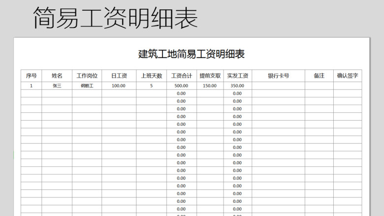 建筑工地简易工资明细表