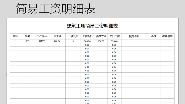 建筑工地简易工资明细表