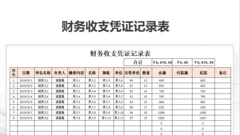 财务收支凭证记录表