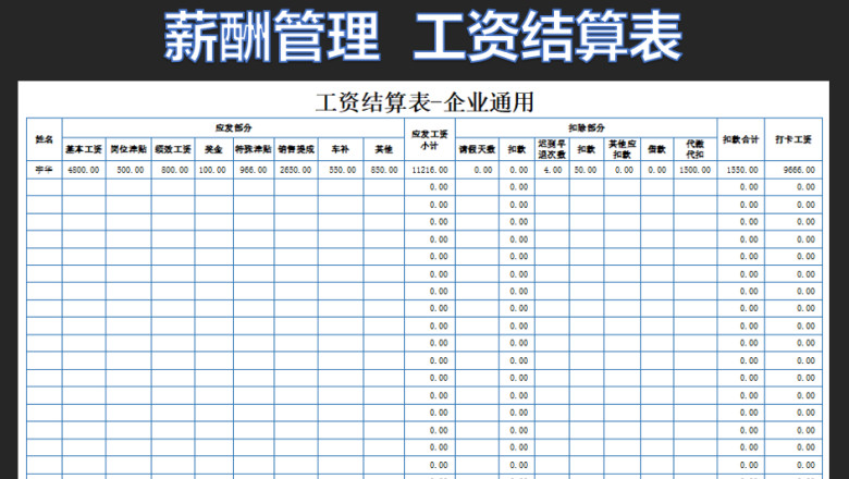 工资结算表-企业通用