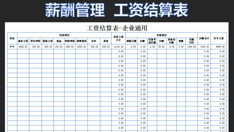 工资结算表-企业通用