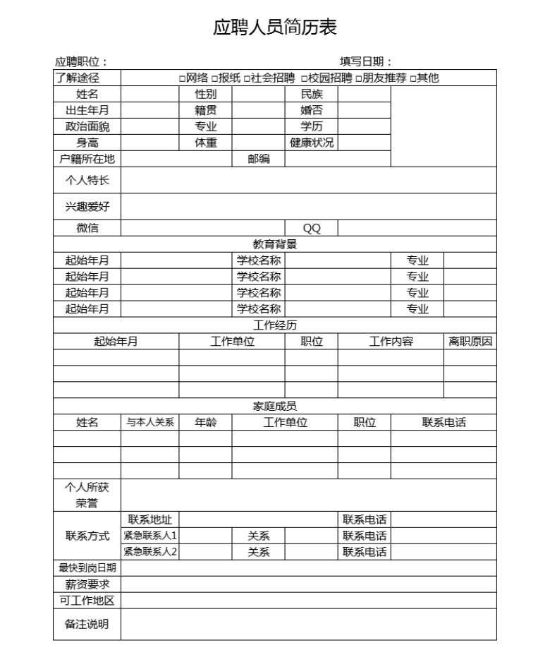 应聘人员登记表