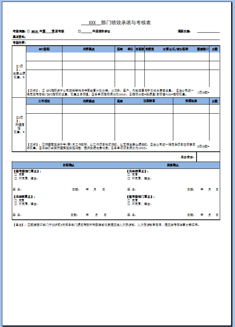 部门绩效承诺与考核表