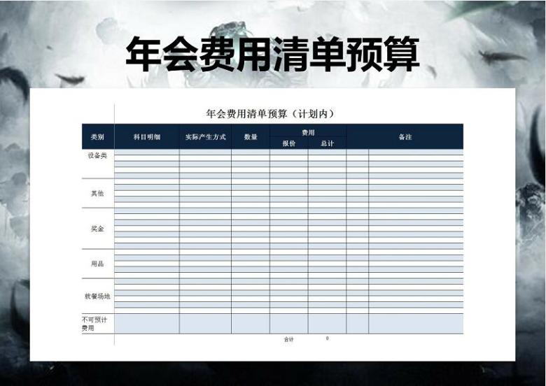 企业晚会年会费用清单预算安排表格