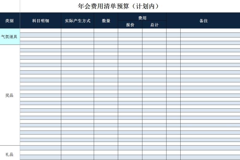 企业晚会年会费用清单预算安排表格