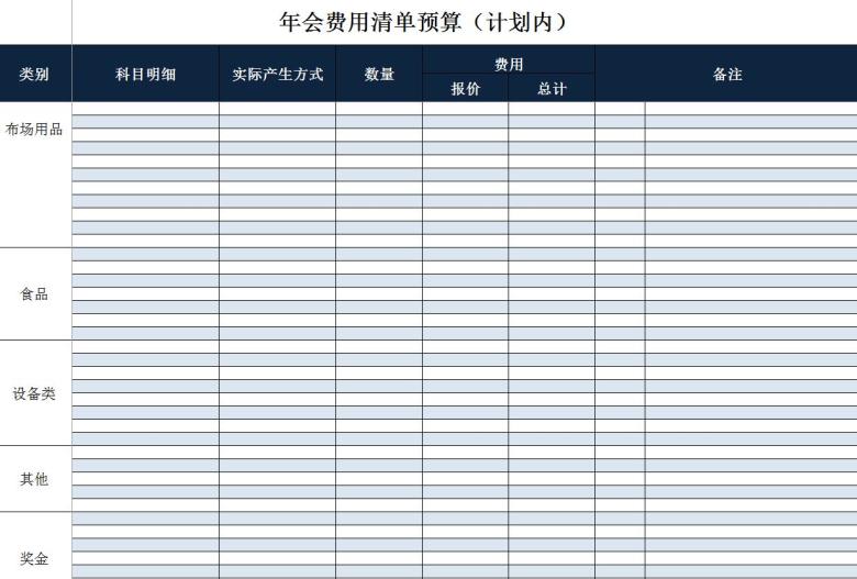 企业晚会年会费用清单预算安排表格
