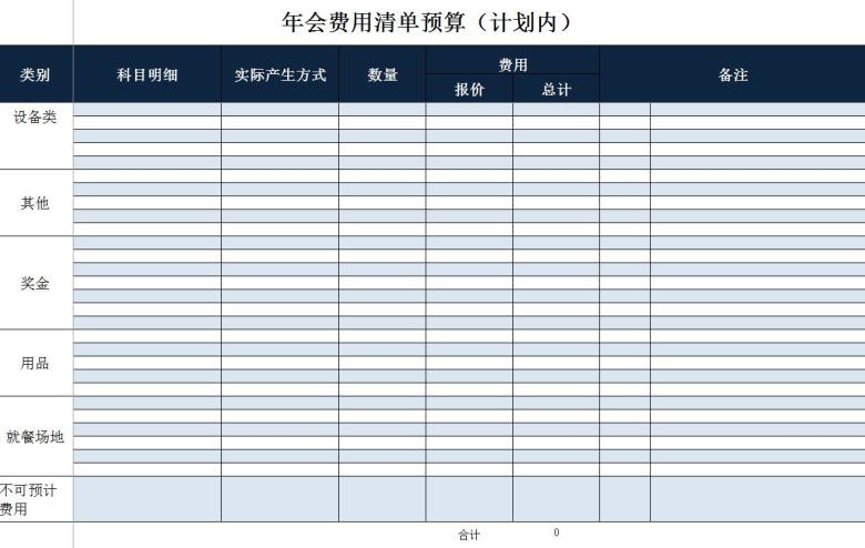企业晚会年会费用清单预算安排表格