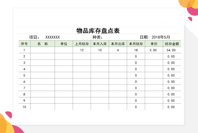 物品库存盘点表（自动计算）