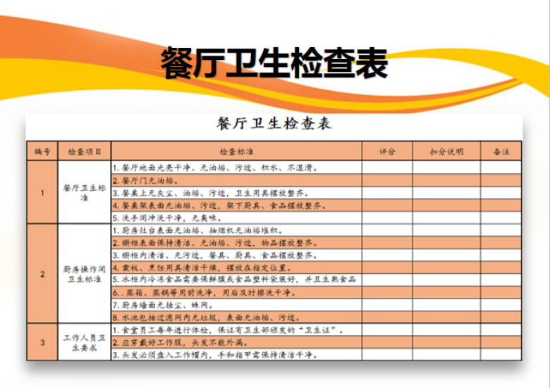 餐厅卫生检查表