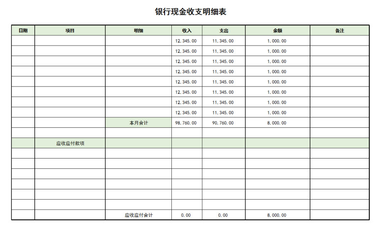 银行现金收支表