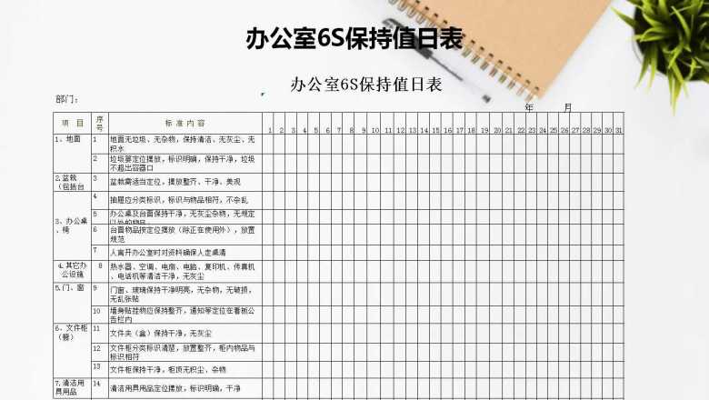 办公室6S保持值日表
