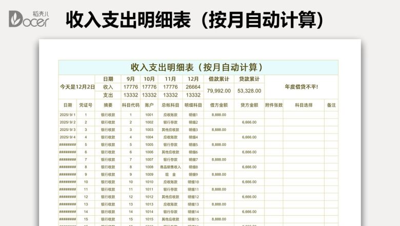 收入支出明细表（按月自动计算）