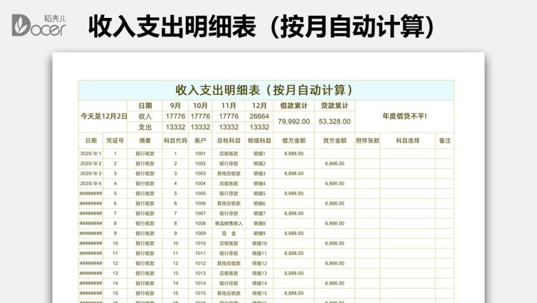 收入支出明细表（按月自动计算）