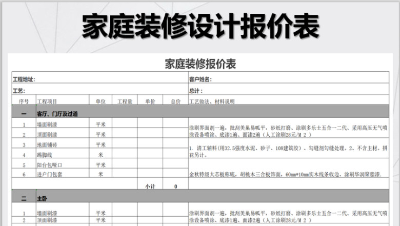 家庭装修预算表