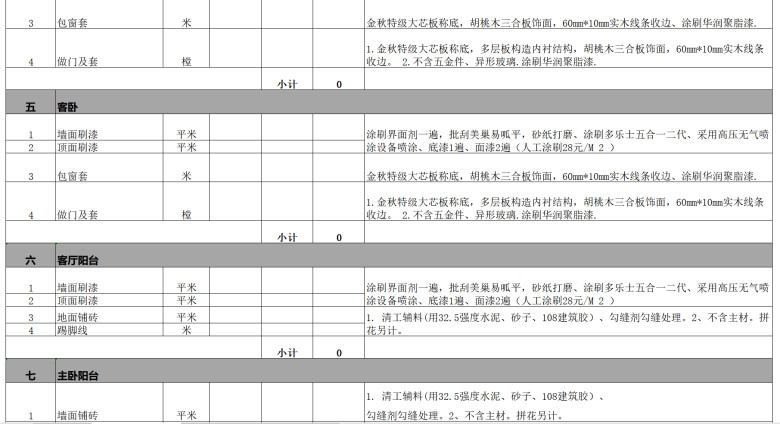 家庭装修预算表