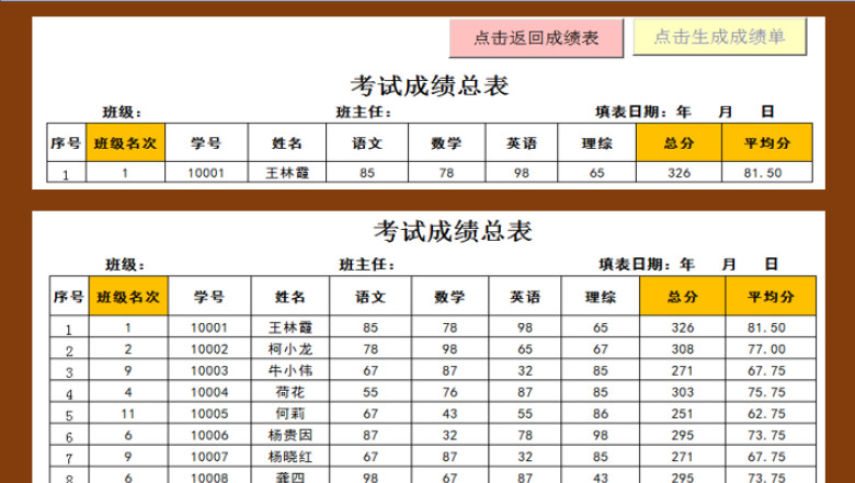 考试成绩总表-自动生成成绩单