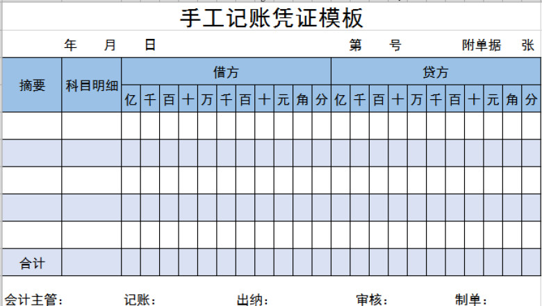 手工记账凭证模板