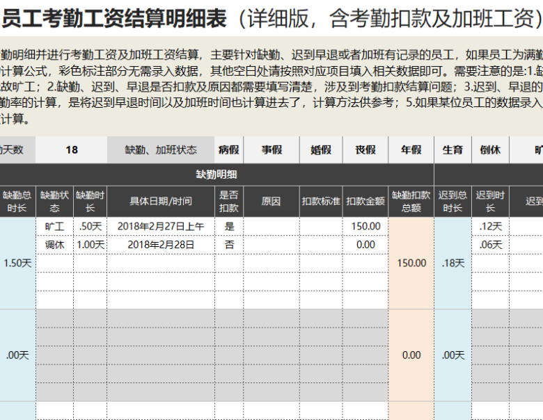 员工考勤工资结算明细表
