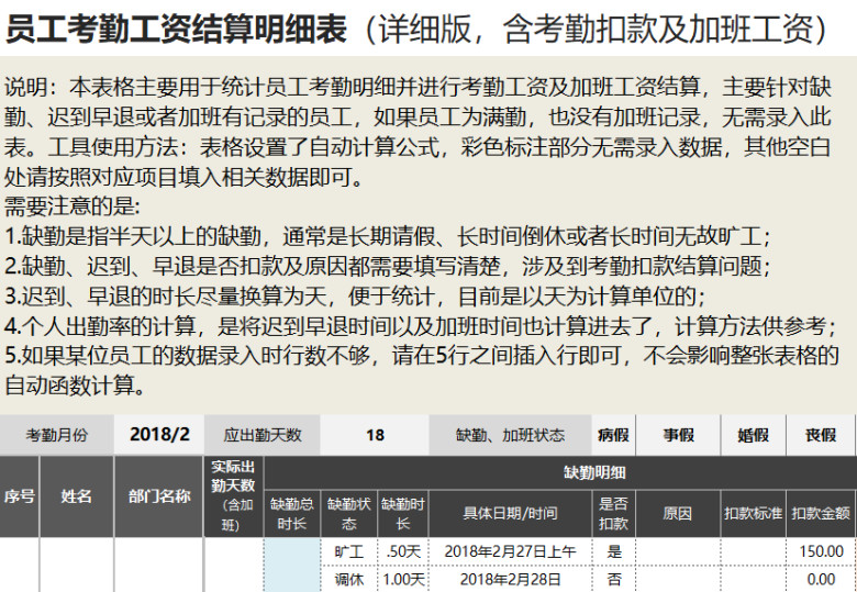 员工考勤工资结算明细表