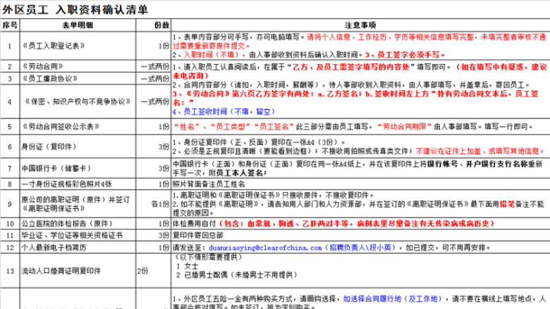 外区员工入职手续办理确认清单