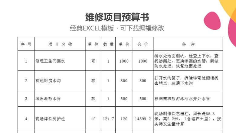 维修项目预算书