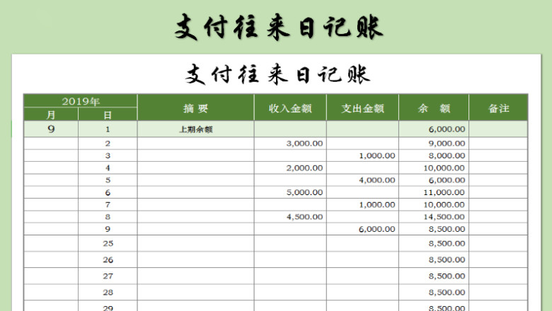 支付往来日记账（余额自动计算）