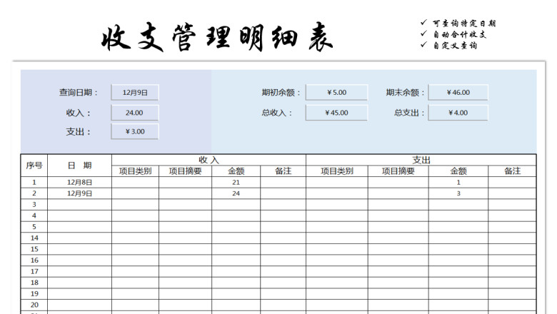 收支表（自定义查询）
