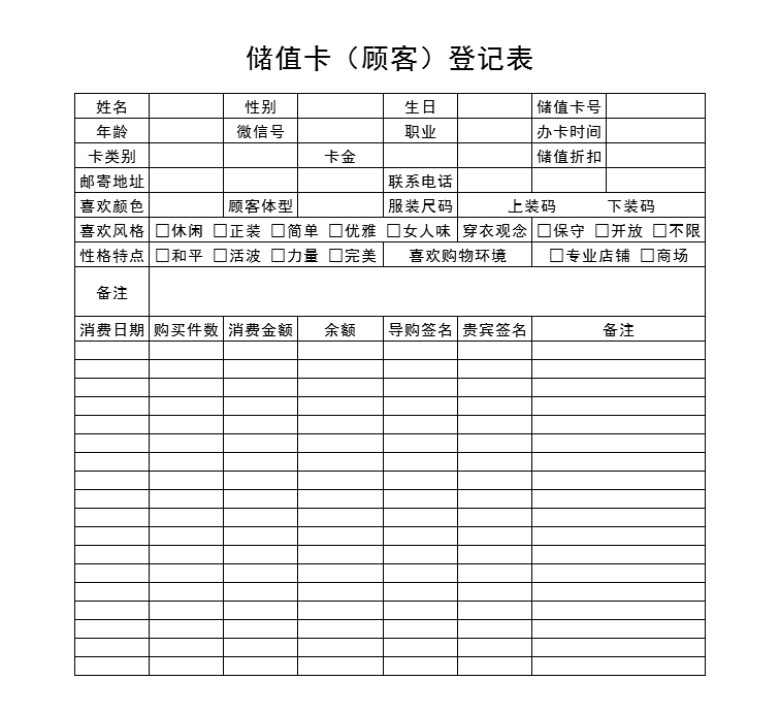 储值卡（顾客）登记表