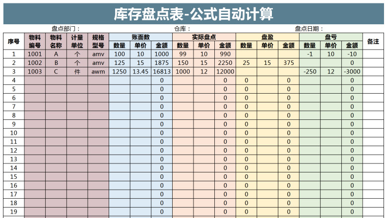 库存盘点表-公式自动计算