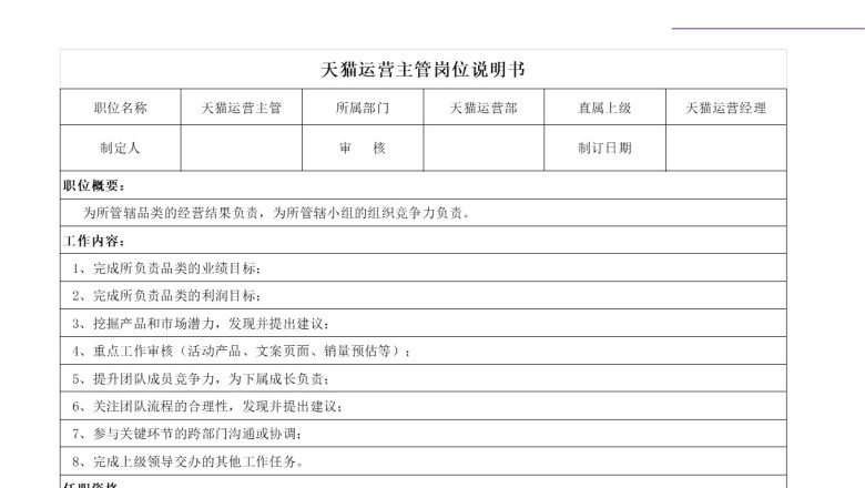天猫运营主管岗位说明书