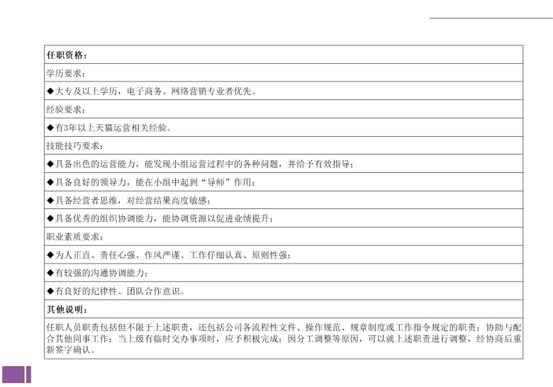 天猫运营主管岗位说明书