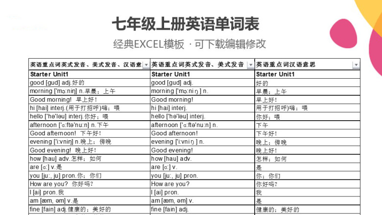 七年级上册英语单词表