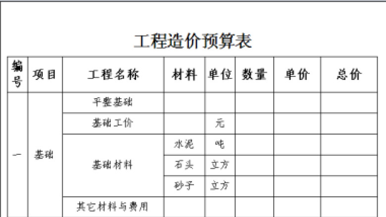 工程造价预算表