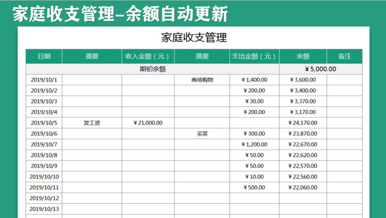 家庭收支表（余额自动计算）